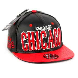 Chicago Faux Leather Baseball City Cap with Snake Faux Leather Flat Brim