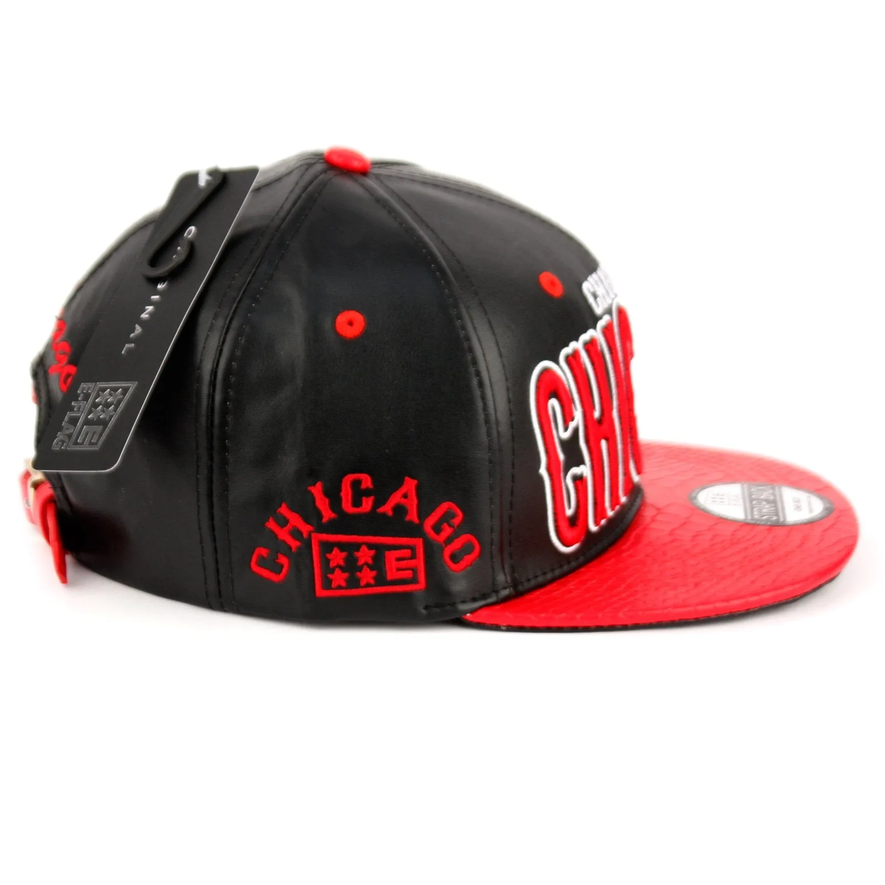 Chicago Faux Leather Baseball City Cap with Snake Faux Leather Flat Brim