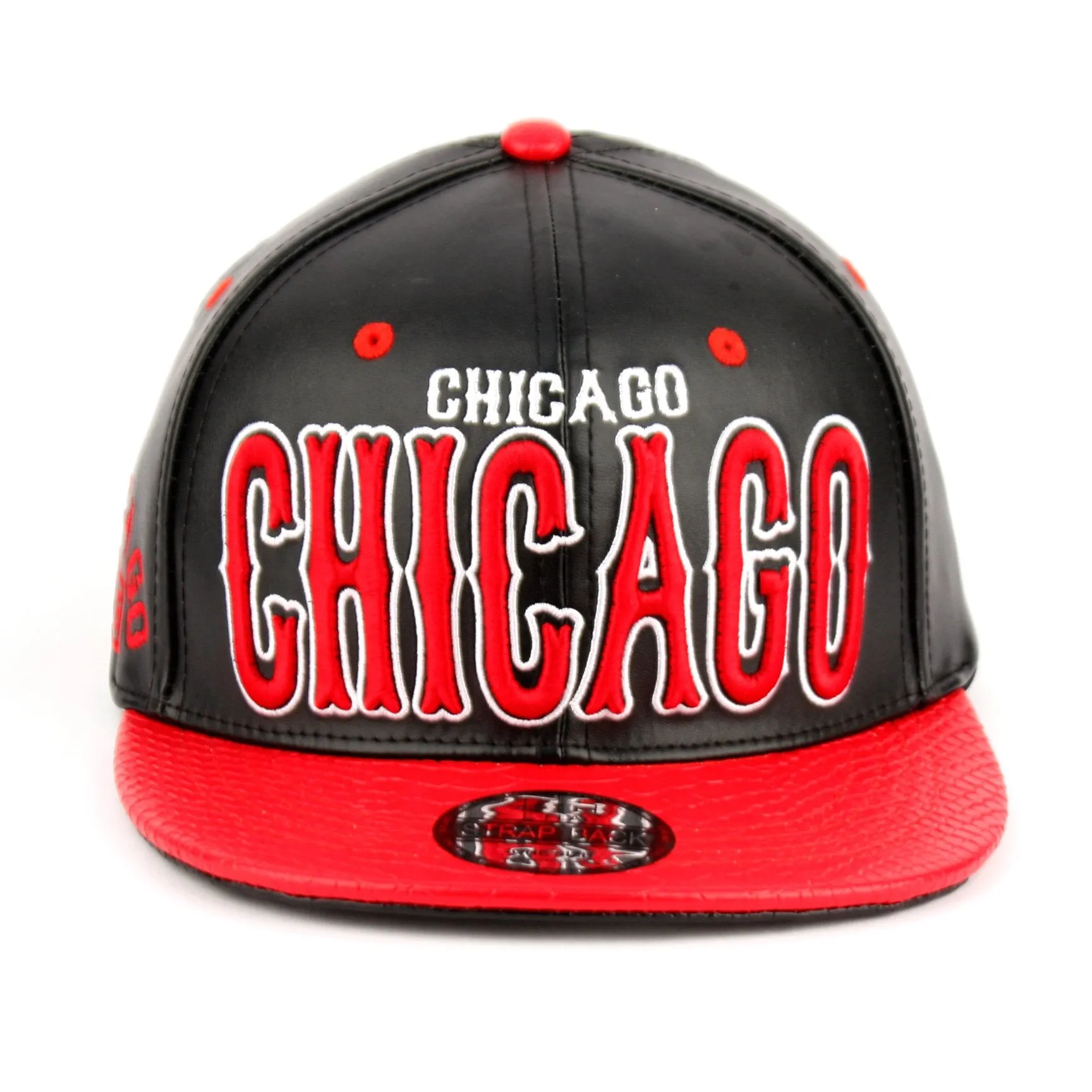 Chicago Faux Leather Baseball City Cap with Snake Faux Leather Flat Brim