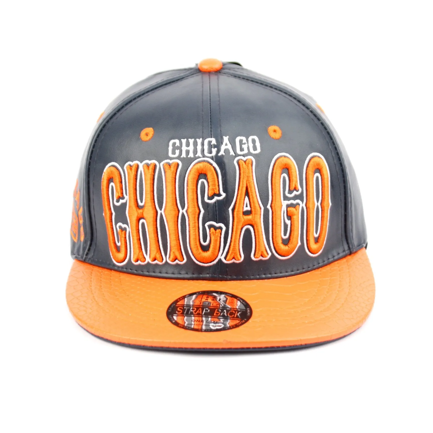 Chicago Faux Leather Baseball City Cap with Snake Faux Leather Flat Brim