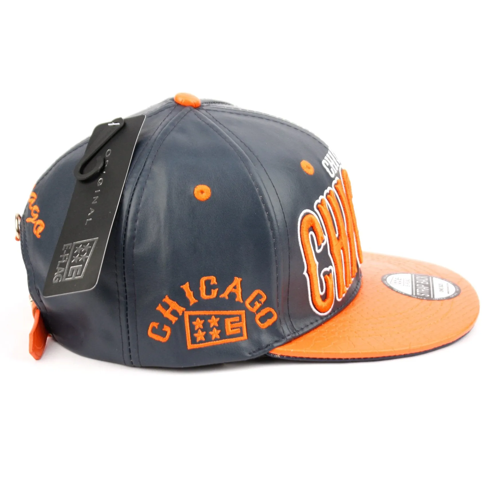 Chicago Faux Leather Baseball City Cap with Snake Faux Leather Flat Brim