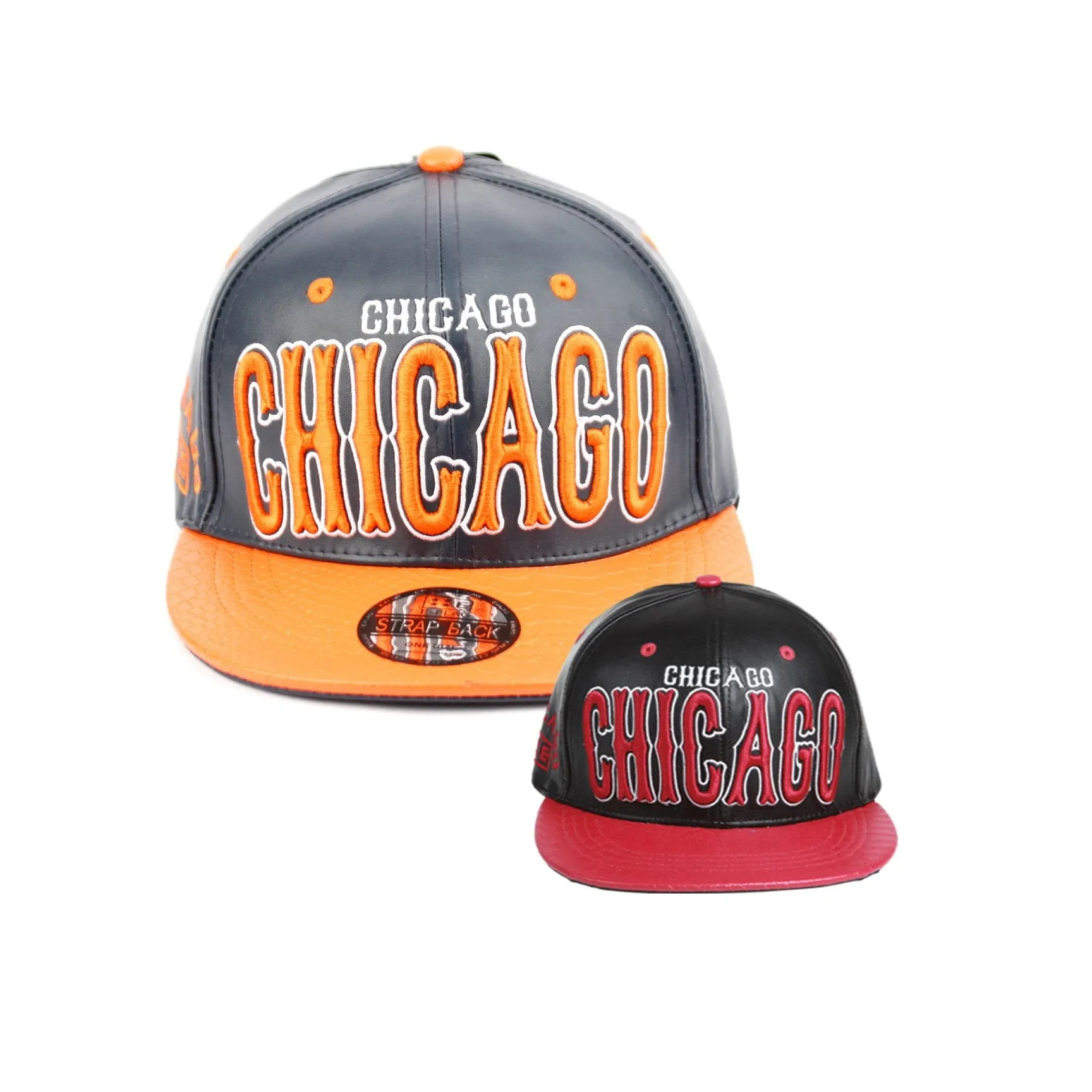 Chicago Faux Leather Baseball City Cap with Snake Faux Leather Flat Brim