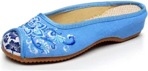 Chinese Style Embroidered Flower Shoes Women's Single Shoes Slippers Canvas Slippers Backless Comfortable Flats Round Toe Loafers Casual Sandals