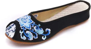 Chinese Style Embroidered Flower Shoes Women's Single Shoes Slippers Canvas Slippers Backless Comfortable Flats Round Toe Loafers Casual Sandals