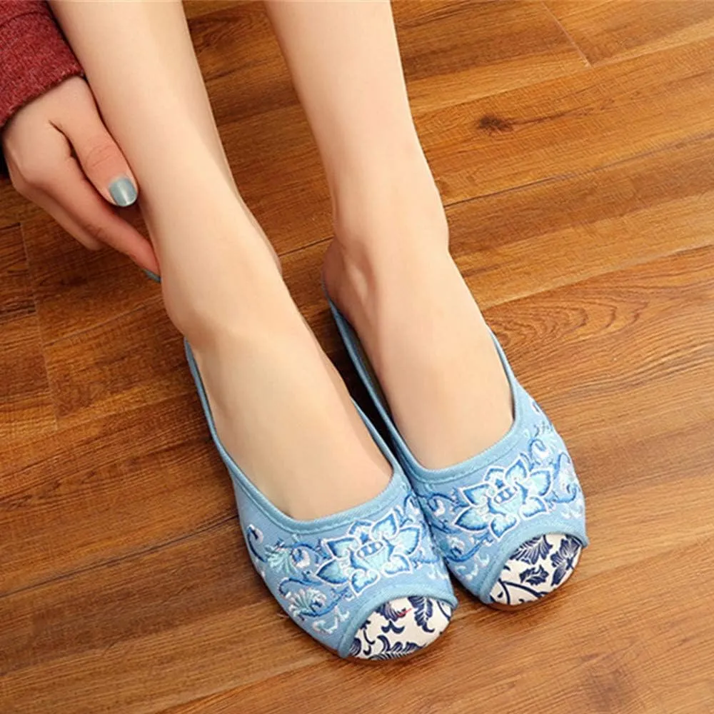 Chinese Style Embroidered Flower Shoes Women's Single Shoes Slippers Canvas Slippers Backless Comfortable Flats Round Toe Loafers Casual Sandals