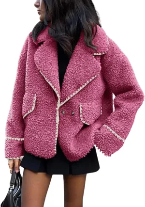 chouyatou Women's Winter Casual Embroidered Sherpa Jacket Notch Lapel Fuzzy Faux Fur Fleece Jacket Coat