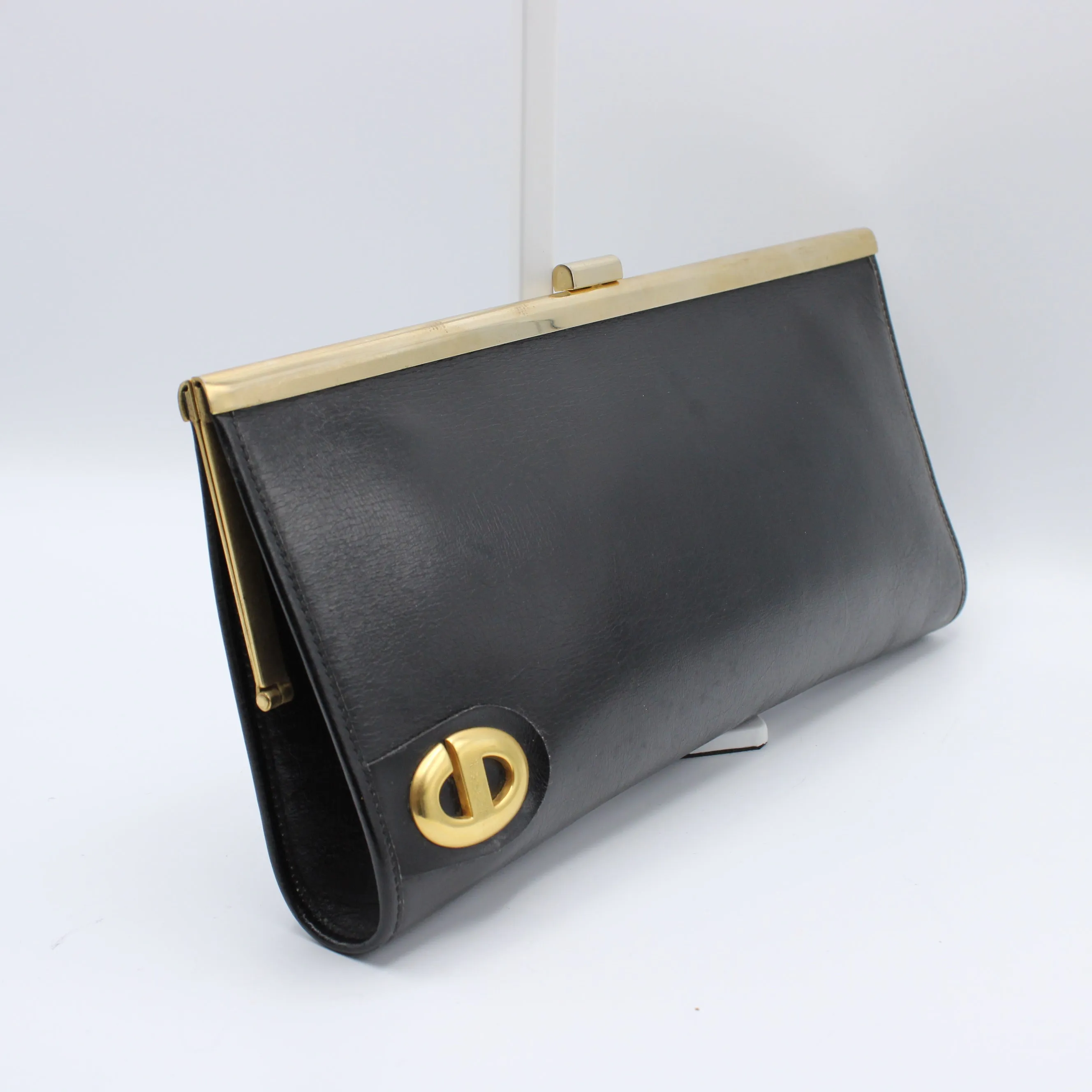 Christian Dior Black Leather Frame Clutch Vintage