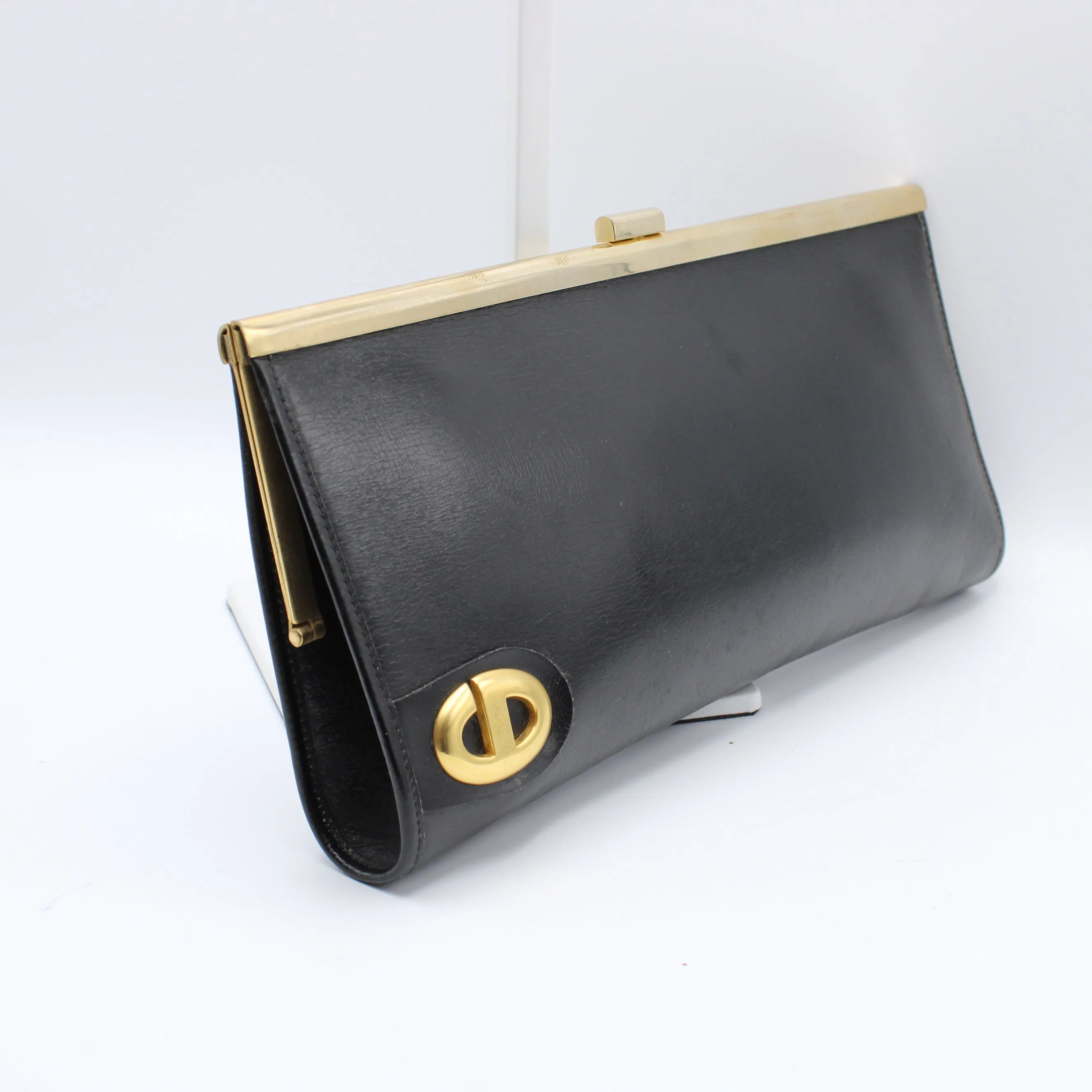 Christian Dior Black Leather Frame Clutch Vintage