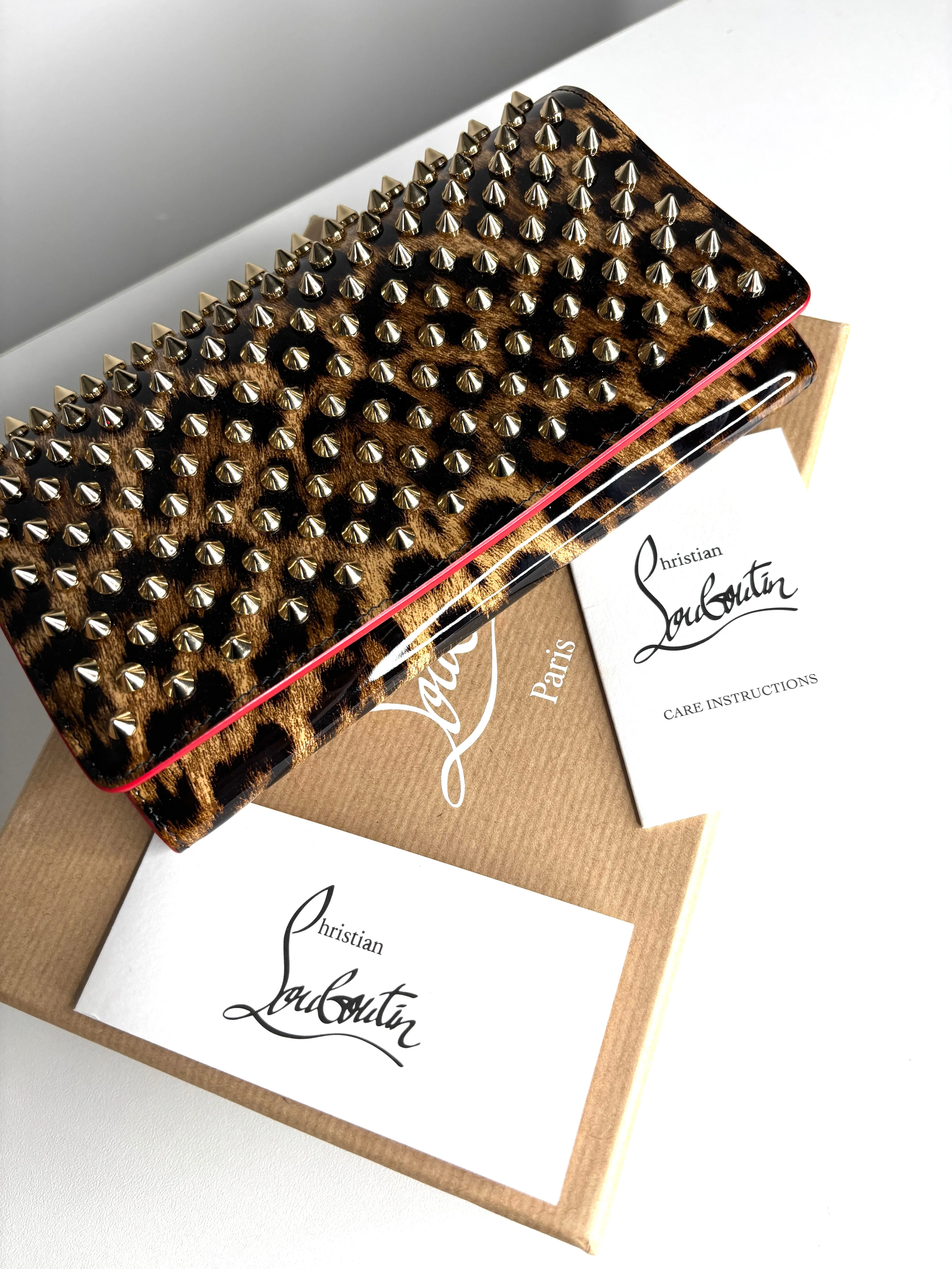 Christian Louboutin Macaron Leo Patent Spikes Wristlet Wallet Clutch Bag
