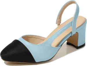 CKSNDLF Women Slingback Pumps Chunky High Heels Splicing Round Toe Comfortable Casual Wedding Shoes for Women Dress Shoes