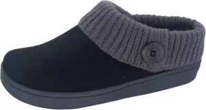 Clarks Womens Suede Leather Comfort Clog Knitted Collar Slipper - Plush Faux Fur Trim - Indoor Outdoor House Slippers For Women (Black/Grey 9M)