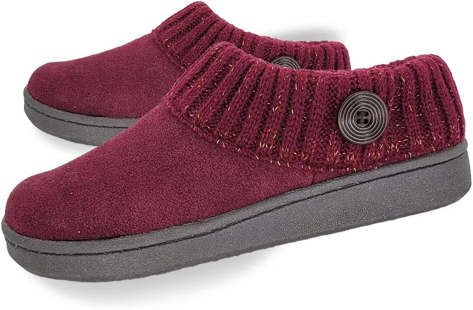 Clarks Womens Suede Leather Comfort Clog Knitted Collar Slipper - Plush Faux Fur Trim - Indoor Outdoor House Slippers For Women (Burgundy/Burgundy Gold 7M)