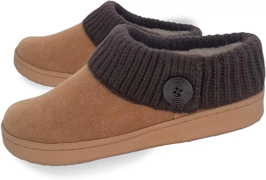 Clarks Womens Suede Leather Comfort Clog Knitted Collar Slipper - Plush Faux Fur Trim - Indoor Outdoor House Slippers For Women (Cinnamon/Brown 6M)