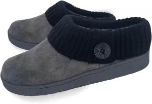 Clarks Womens Suede Leather Comfort Clog Knitted Collar Slipper - Plush Faux Fur Trim - Indoor Outdoor House Slippers For Women (Grey/Black 11M)