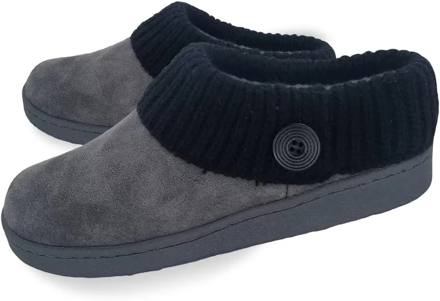 Clarks Womens Suede Leather Comfort Clog Knitted Collar Slipper - Plush Faux Fur Trim - Indoor Outdoor House Slippers For Women (Grey/Black 9M)