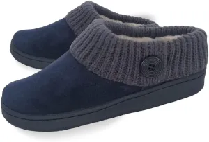 Clarks Womens Suede Leather Comfort Clog Knitted Collar Slipper - Plush Faux Fur Trim - Indoor Outdoor House Slippers For Women (Navy/Grey 8M)