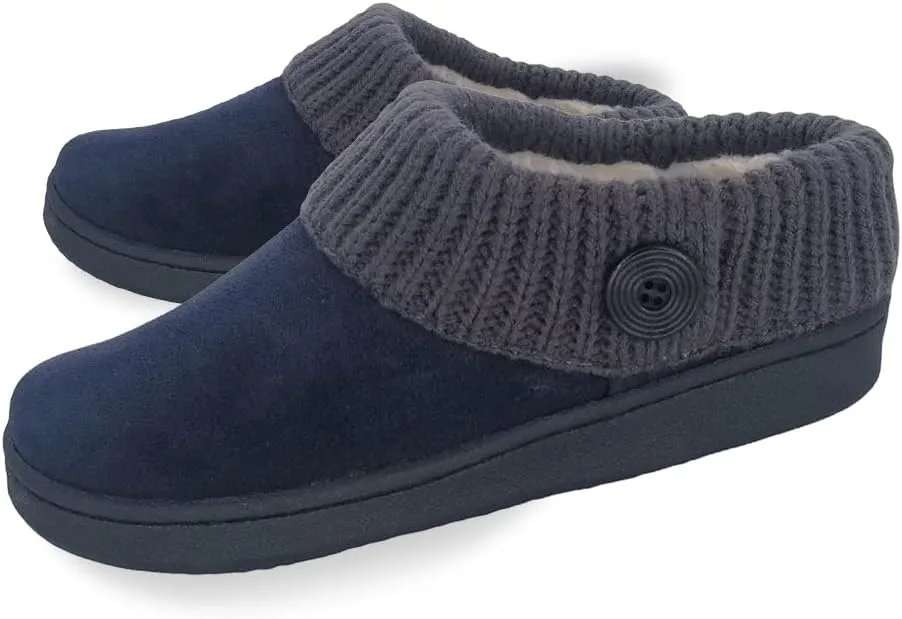 Clarks Womens Suede Leather Comfort Clog Knitted Collar Slipper - Plush Faux Fur Trim - Indoor Outdoor House Slippers For Women (Navy/Grey 8M)