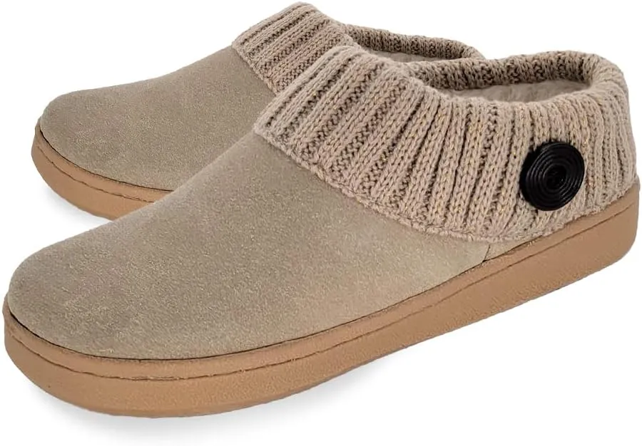 Clarks Womens Suede Leather Comfort Clog Knitted Collar Slipper - Plush Faux Fur Trim - Indoor Outdoor House Slippers For Women (Stone/Stone Gold 9M)