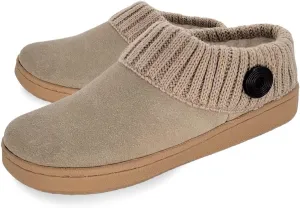 Clarks Womens Suede Leather Comfort Clog Knitted Collar Slipper - Plush Faux Fur Trim - Indoor Outdoor House Slippers For Women (Stone/Stone Gold 9M)
