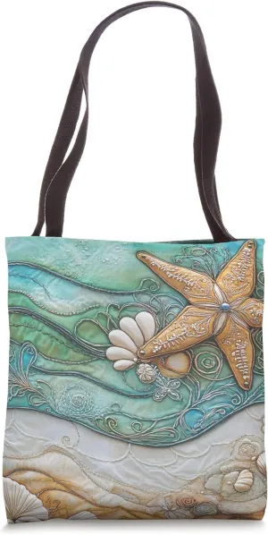 Coastal Starfish Embroidered Quilted Beach Decor Tote Bag