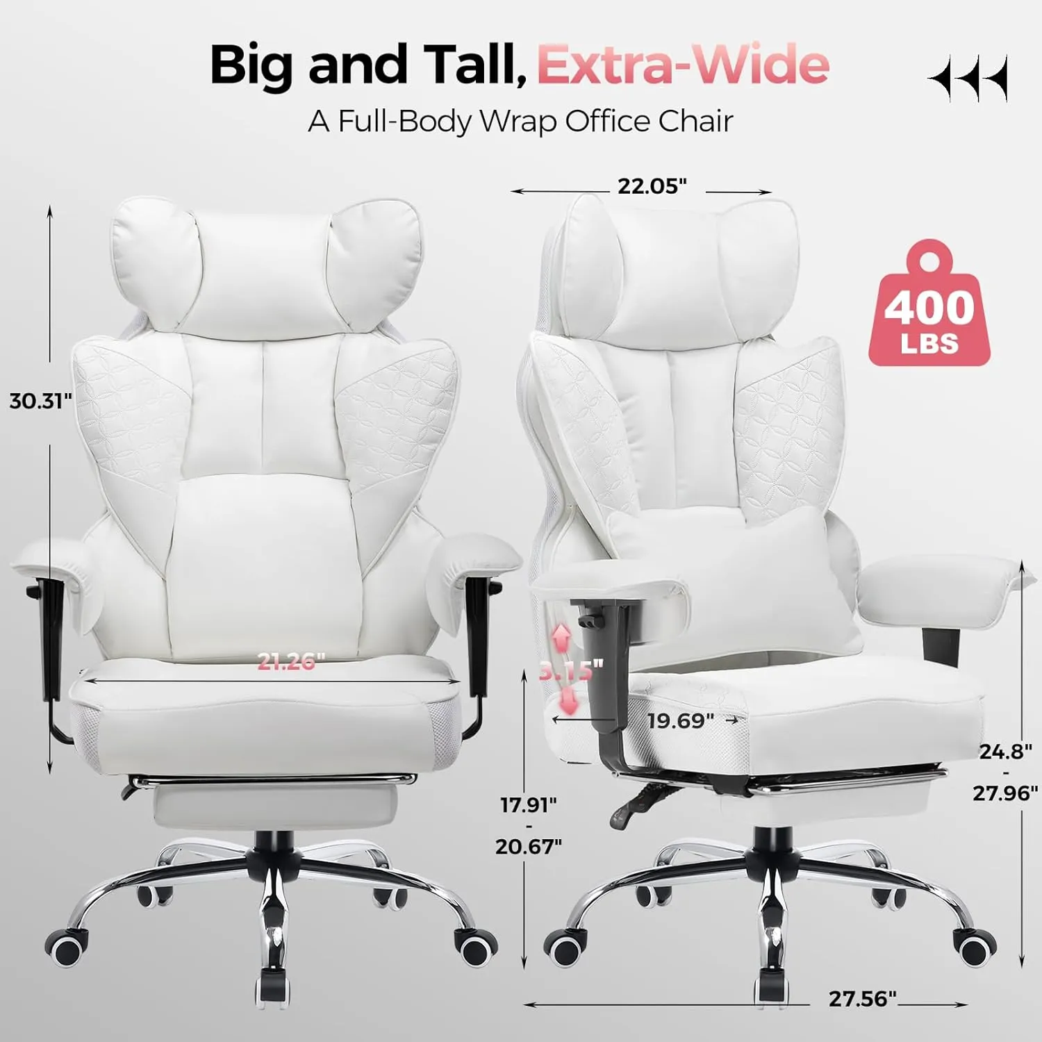 COMHOMA Big and Tall Office Chair 400LBS Wide Ergonomic Gaming Chair with Deluxe Embossing Designed Leather with Foot Rest,150°Reclining Adjustable Armrests Pocket Spring Back Support and Pillow