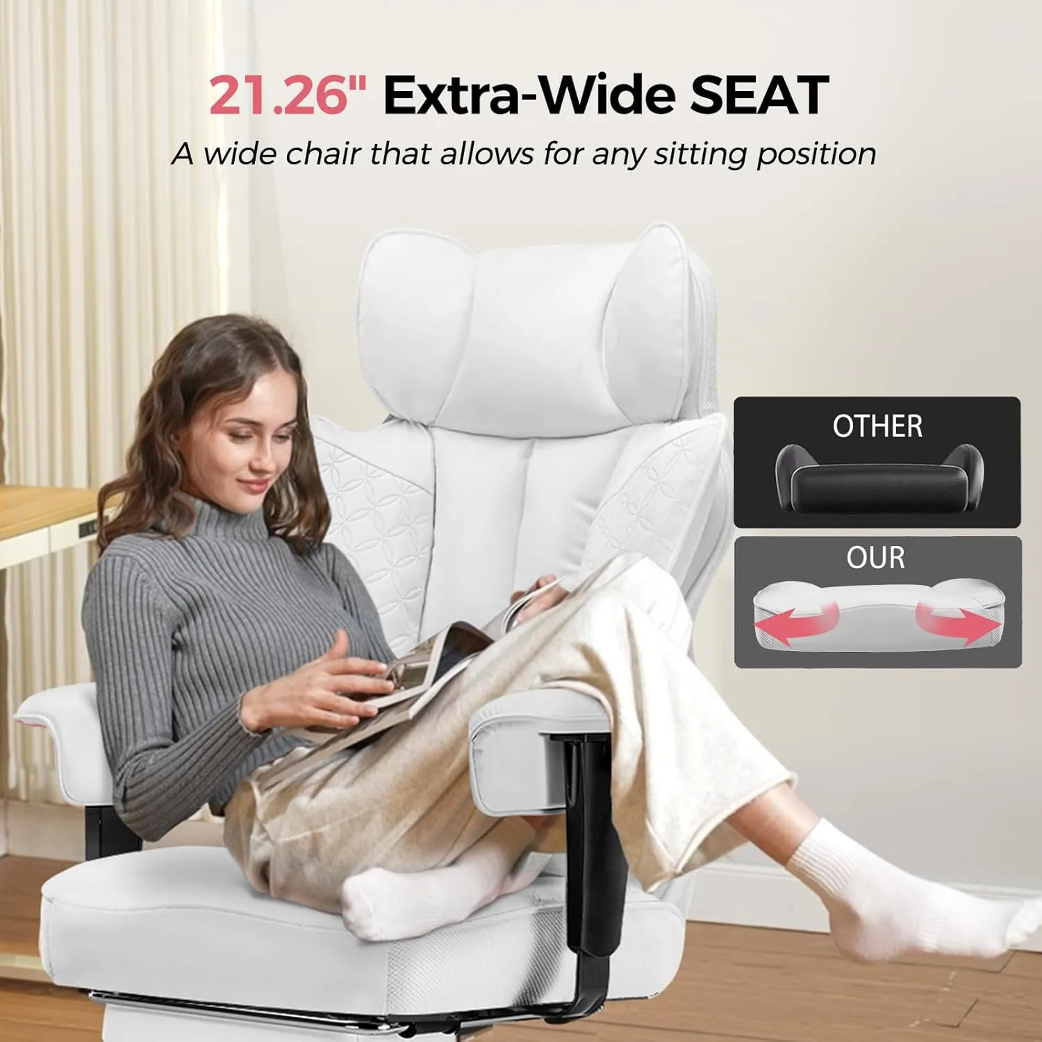 COMHOMA Big and Tall Office Chair 400LBS Wide Ergonomic Gaming Chair with Deluxe Embossing Designed Leather with Foot Rest,150°Reclining Adjustable Armrests Pocket Spring Back Support and Pillow