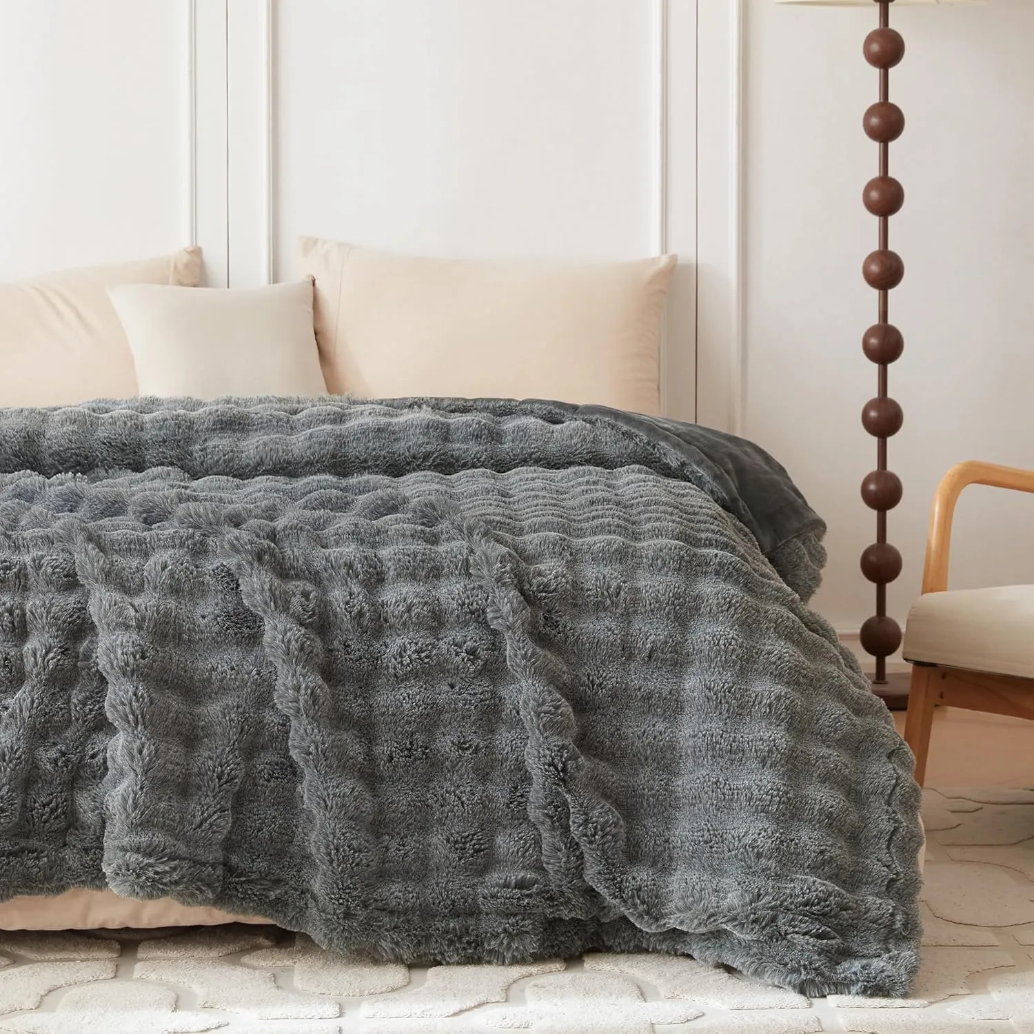 COOVA Faux Rabbit Fur & Flannel Throw Blanket 50x60 Inch - Luxury Fuzzy & Cozy Soft Blanket for All Seasons, Breathable and Comfortable for Bed, Sofa, Couch, and Camping,Cationic Light Grey