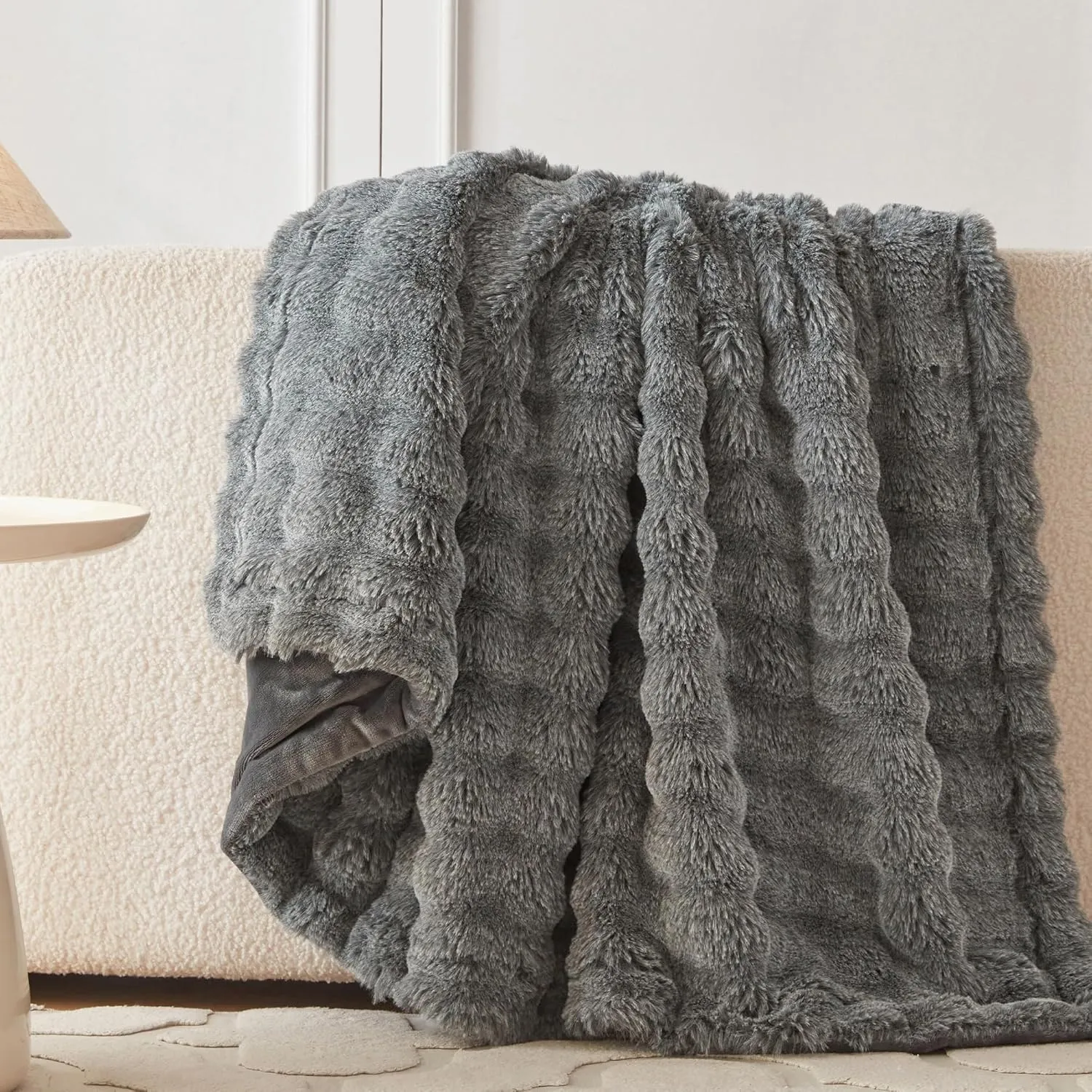 COOVA Faux Rabbit Fur & Flannel Throw Blanket 50x60 Inch - Luxury Fuzzy & Cozy Soft Blanket for All Seasons, Breathable and Comfortable for Bed, Sofa, Couch, and Camping,Cationic Light Grey