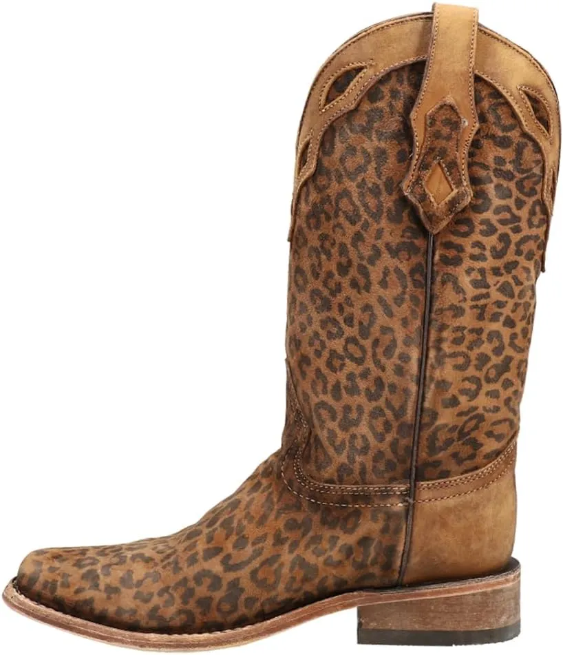 Corral Boots Womens Cheetah Print Embroidered Square Toe Casual Boots Mid Calf Low Heel 1-2" - Brown