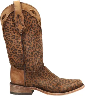 Corral Boots Womens Cheetah Print Embroidered Square Toe Casual Boots Mid Calf Low Heel 1-2" - Brown