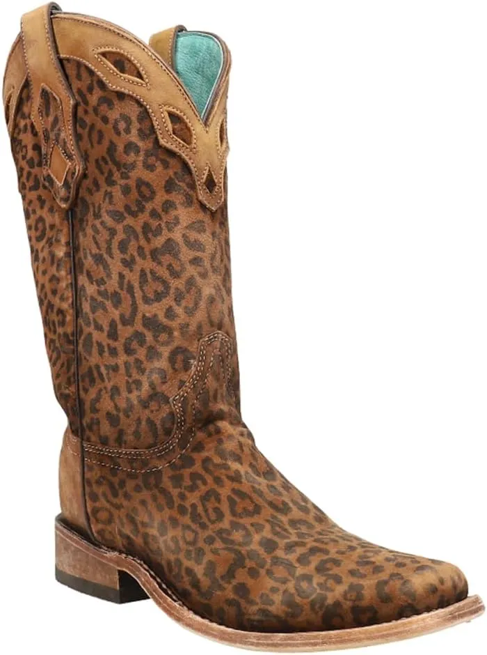 Corral Boots Womens Cheetah Print Embroidered Square Toe Casual Boots Mid Calf Low Heel 1-2" - Brown