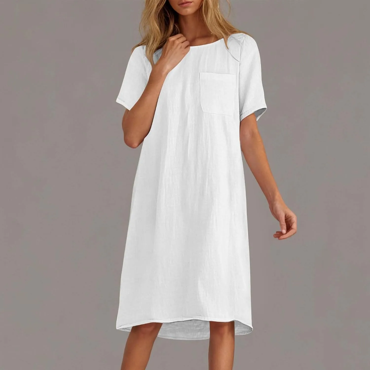 Cotton Linen Dress for Women Short Sleeve Scoop Neck Plus Size Casual Loose Vacation Beach Midi Dress with Pocket