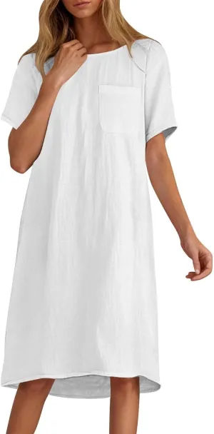 Cotton Linen Dress for Women Short Sleeve Scoop Neck Plus Size Casual Loose Vacation Beach Midi Dress with Pocket