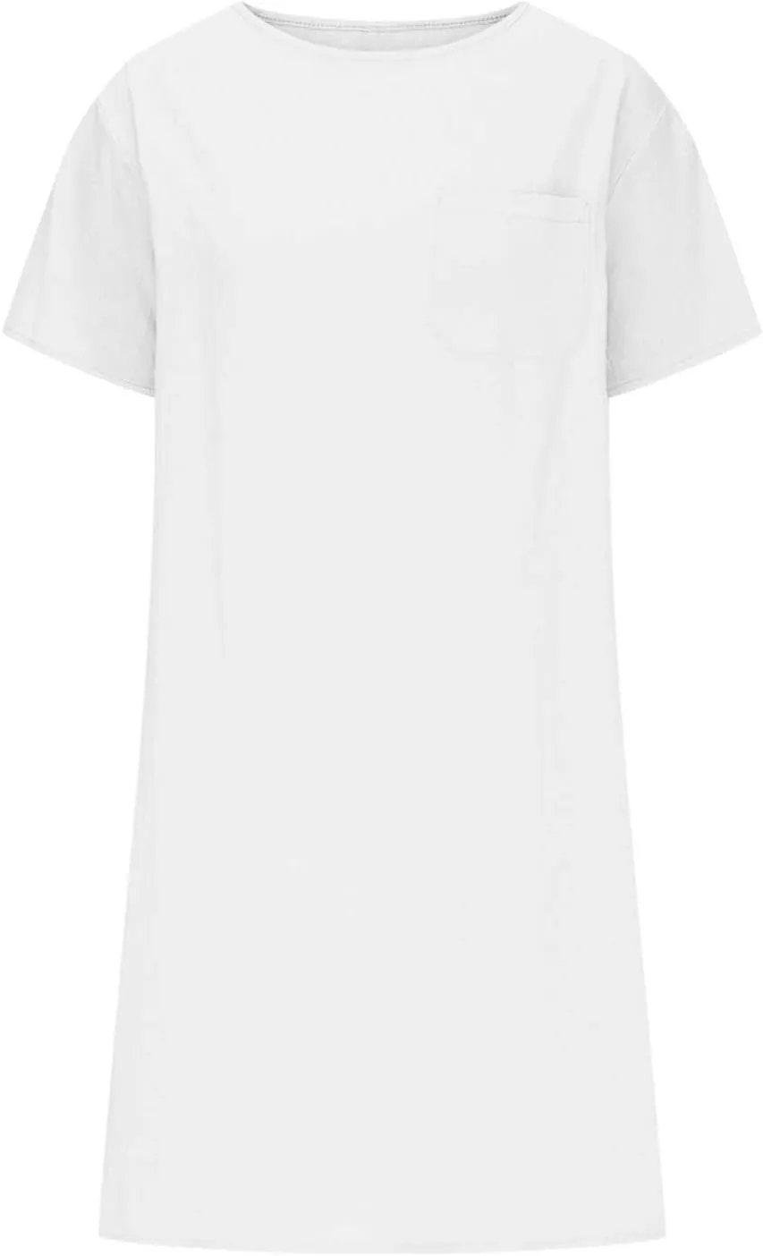 Cotton Linen Dress for Women Short Sleeve Scoop Neck Plus Size Casual Loose Vacation Beach Midi Dress with Pocket