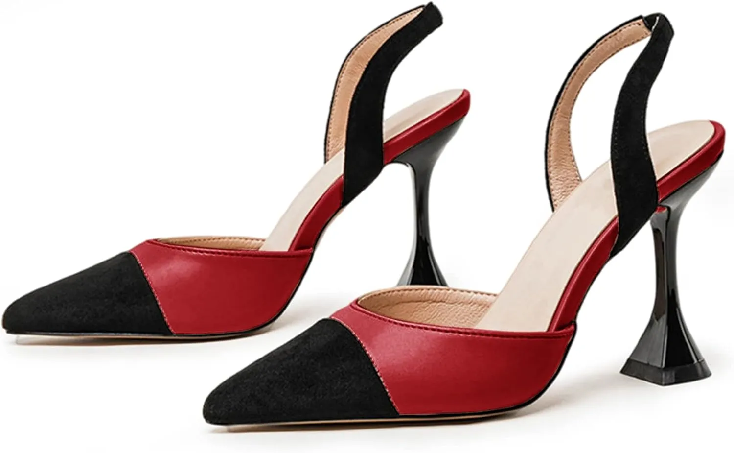 Coutgo Women's Slingback Pumps Pointed Toe Slip On Stiletto Heels Patchwork Dress Party Shoes