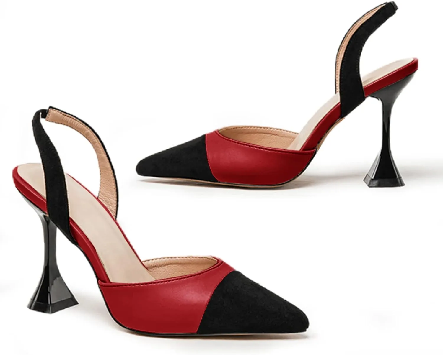 Coutgo Women's Slingback Pumps Pointed Toe Slip On Stiletto Heels Patchwork Dress Party Shoes