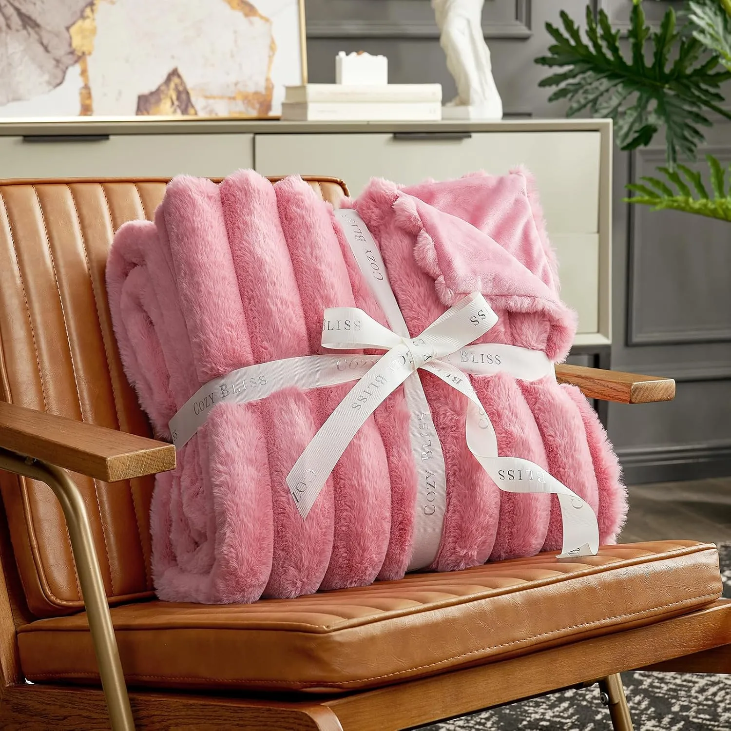 Cozy Bliss Faux Fur Throw Blanket for Couch, Cozy Warm Plush Striped Blanket for Sofa Bedroom Living Room,50 * 60 Inches Hot Pink