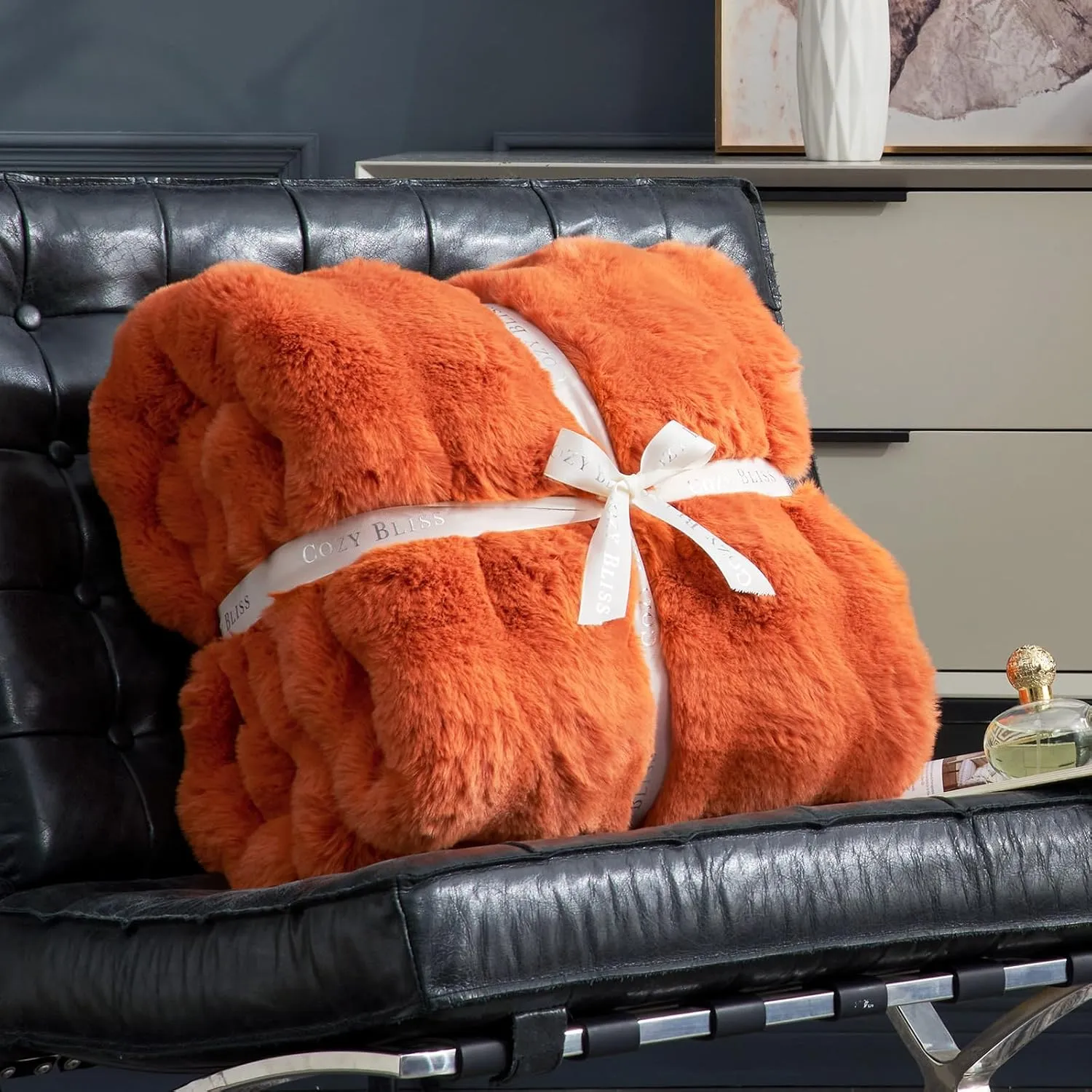 Cozy Bliss Faux Fur Throw Blanket for Couch, Fuzzy Soft Plush Thick Bubble Blanket for Sofa Bedroom Living Room, 50 * 60 Inches Burnt Orange
