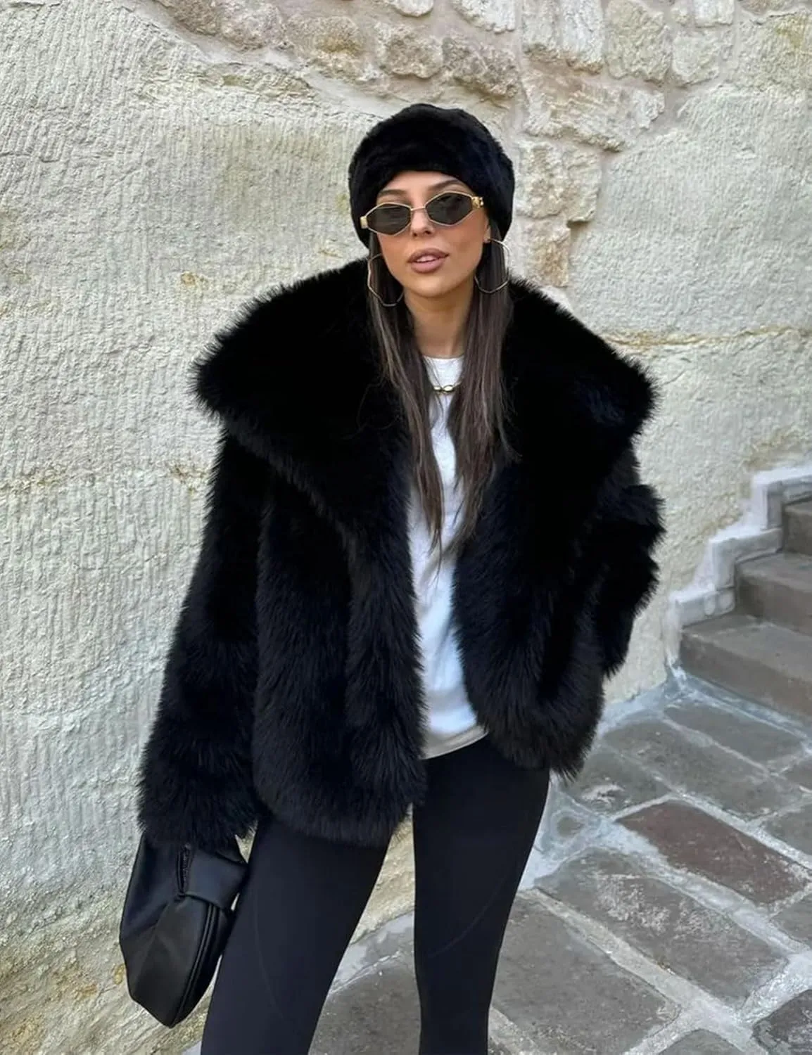 COZYPOIN Womens Faux Fur Jacket Fluffy Fur Cropped Coat Long Sleeve Open Front Fur Cape