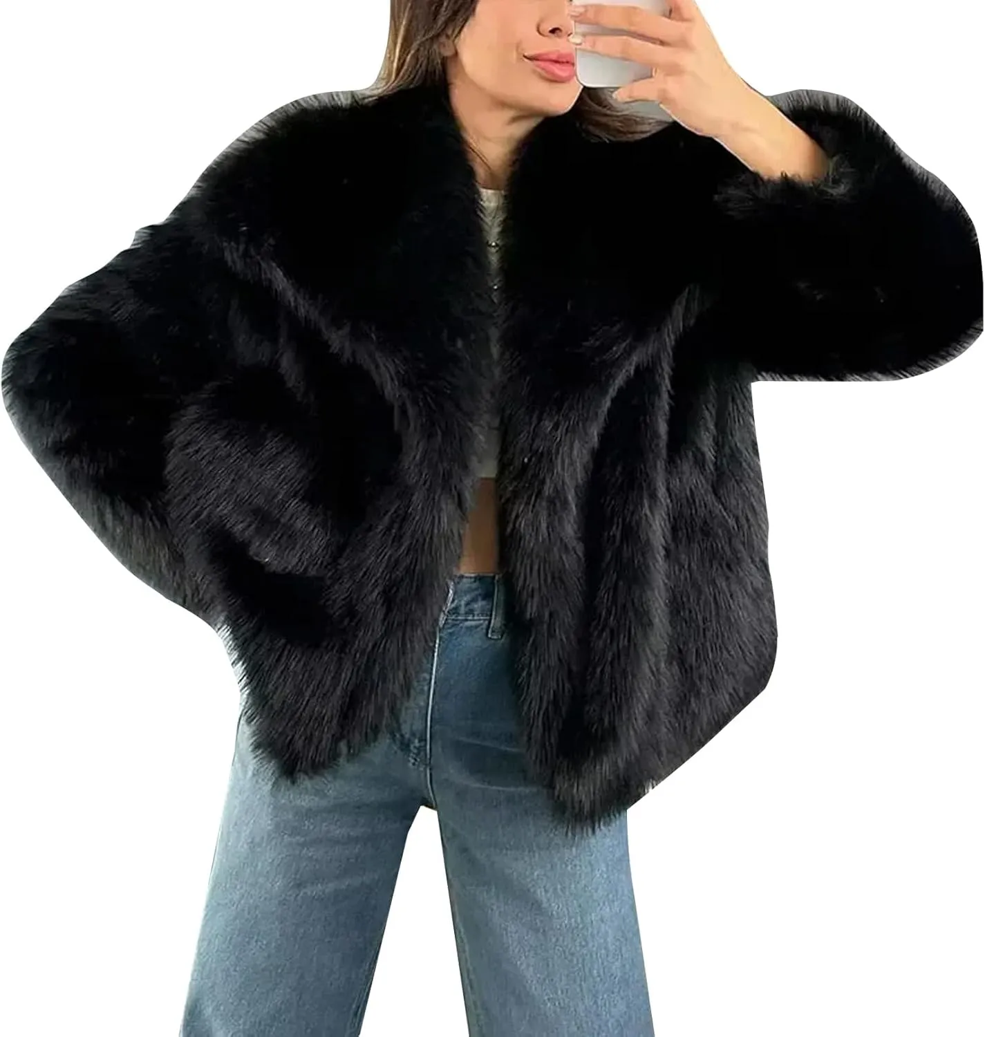 COZYPOIN Womens Faux Fur Jacket Fluffy Fur Cropped Coat Long Sleeve Open Front Fur Cape