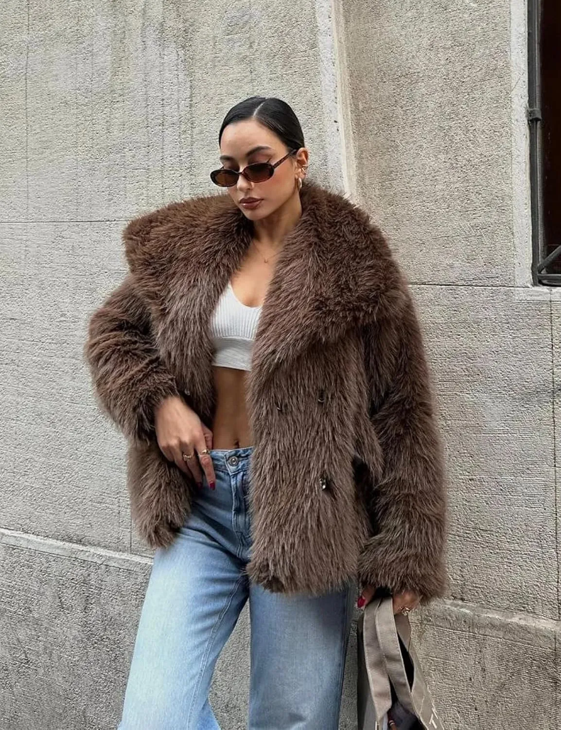 COZYPOIN Womens Faux Fur Jacket Fluffy Fur Cropped Coat Long Sleeve Open Front Fur Cape