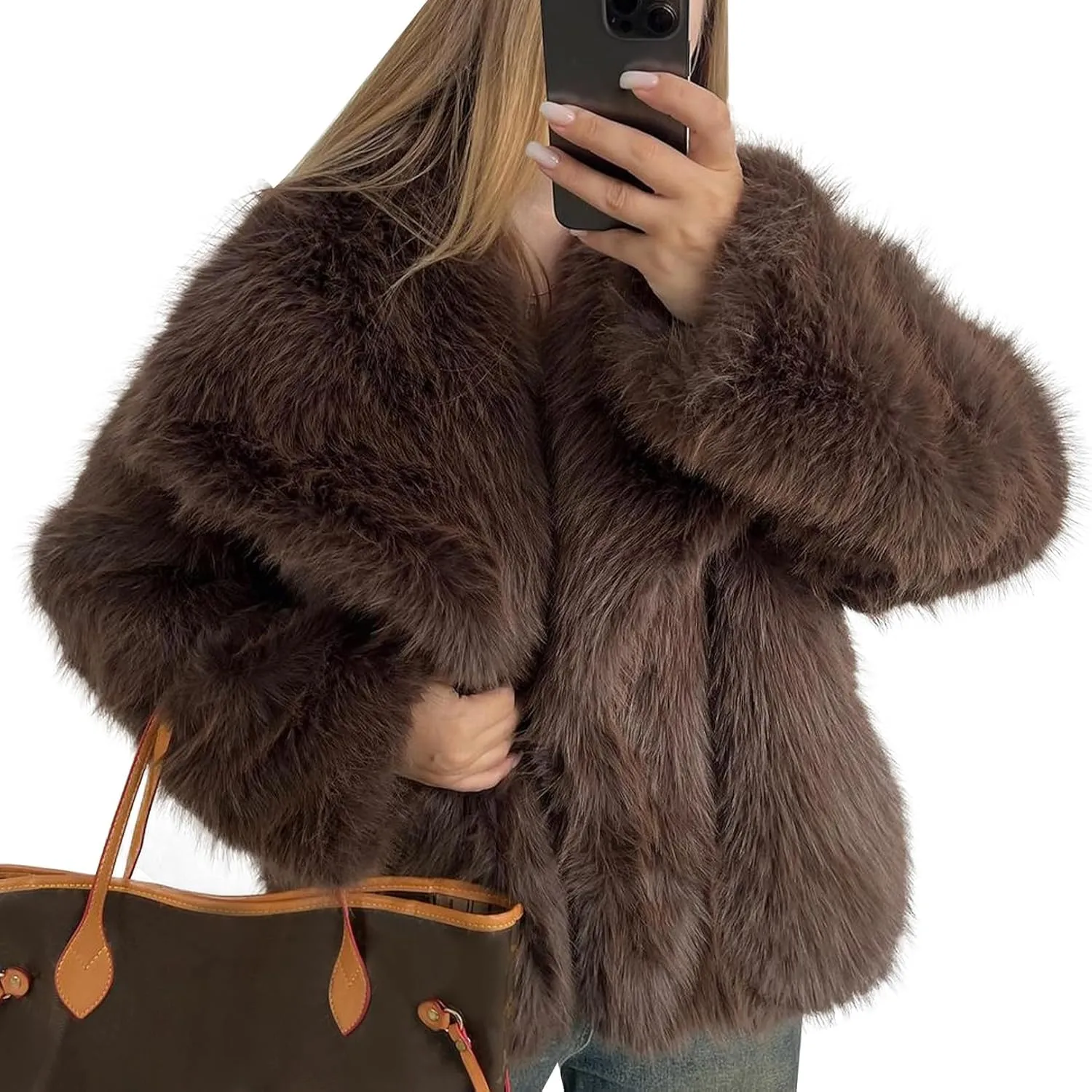 COZYPOIN Womens Faux Fur Jacket Fluffy Fur Cropped Coat Long Sleeve Open Front Fur Cape