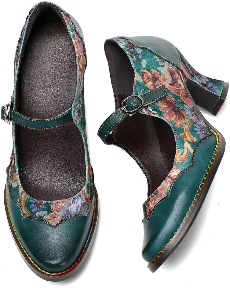 CrazycatZ Leather Mary Jane Shoes with Bow,Womens Patchword Pumps Vintage Mary Jane Shoes
