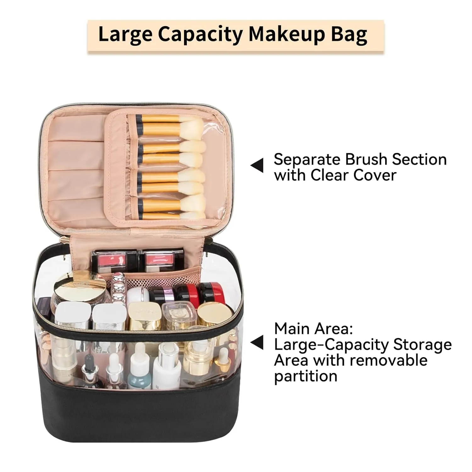 CUBETASTIC Travel Makeup Bag, Large Capacity Make Up Bag for Women Transparent Plastic Patchwork Clear Cosmetic Skincare Organizer Train Case Waterproof Portable Toiletry Bag, Black