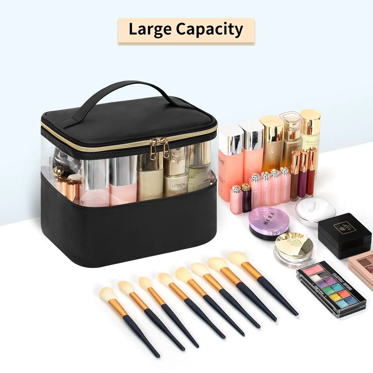 CUBETASTIC Travel Makeup Bag, Large Capacity Make Up Bag for Women Transparent Plastic Patchwork Clear Cosmetic Skincare Organizer Train Case Waterproof Portable Toiletry Bag, Black