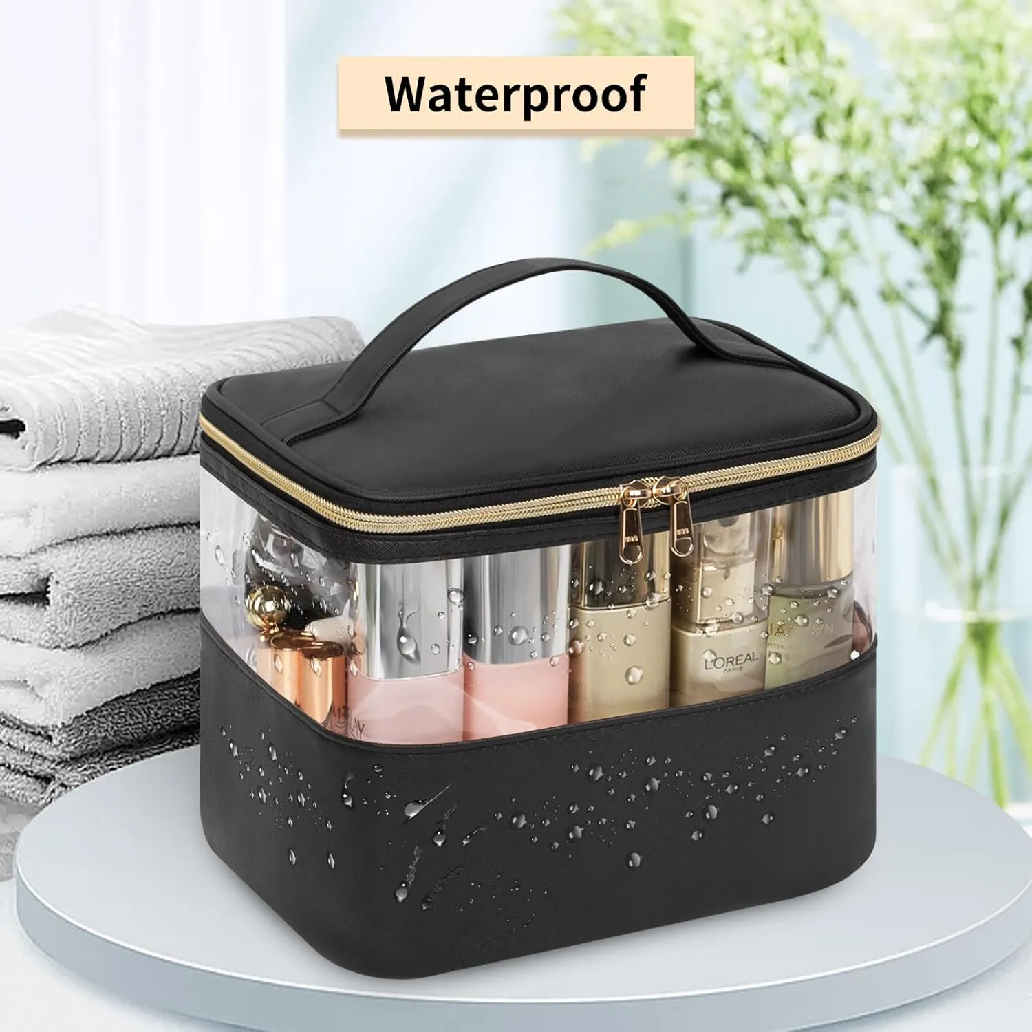 CUBETASTIC Travel Makeup Bag, Large Capacity Make Up Bag for Women Transparent Plastic Patchwork Clear Cosmetic Skincare Organizer Train Case Waterproof Portable Toiletry Bag, Black