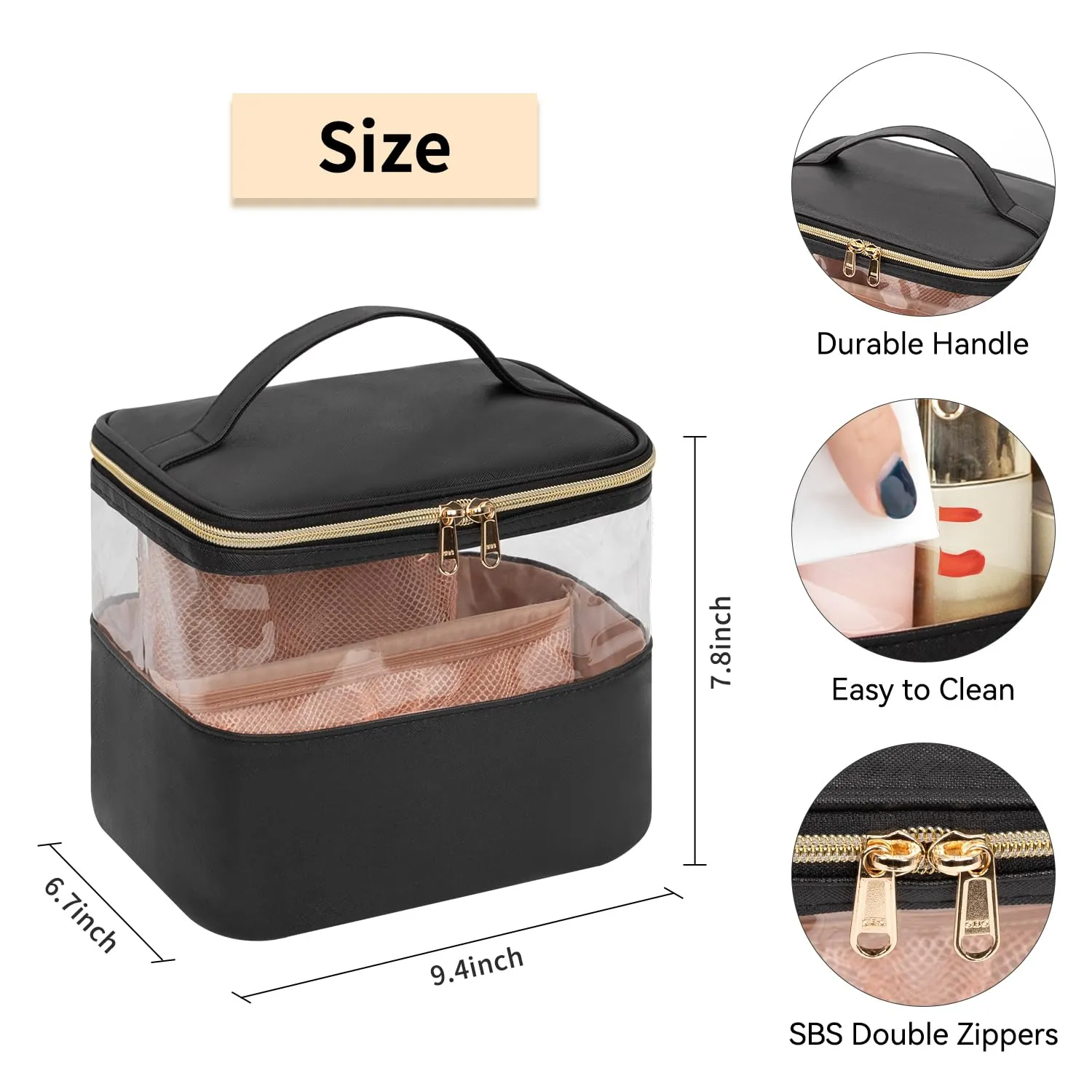 CUBETASTIC Travel Makeup Bag, Large Capacity Make Up Bag for Women Transparent Plastic Patchwork Clear Cosmetic Skincare Organizer Train Case Waterproof Portable Toiletry Bag, Black