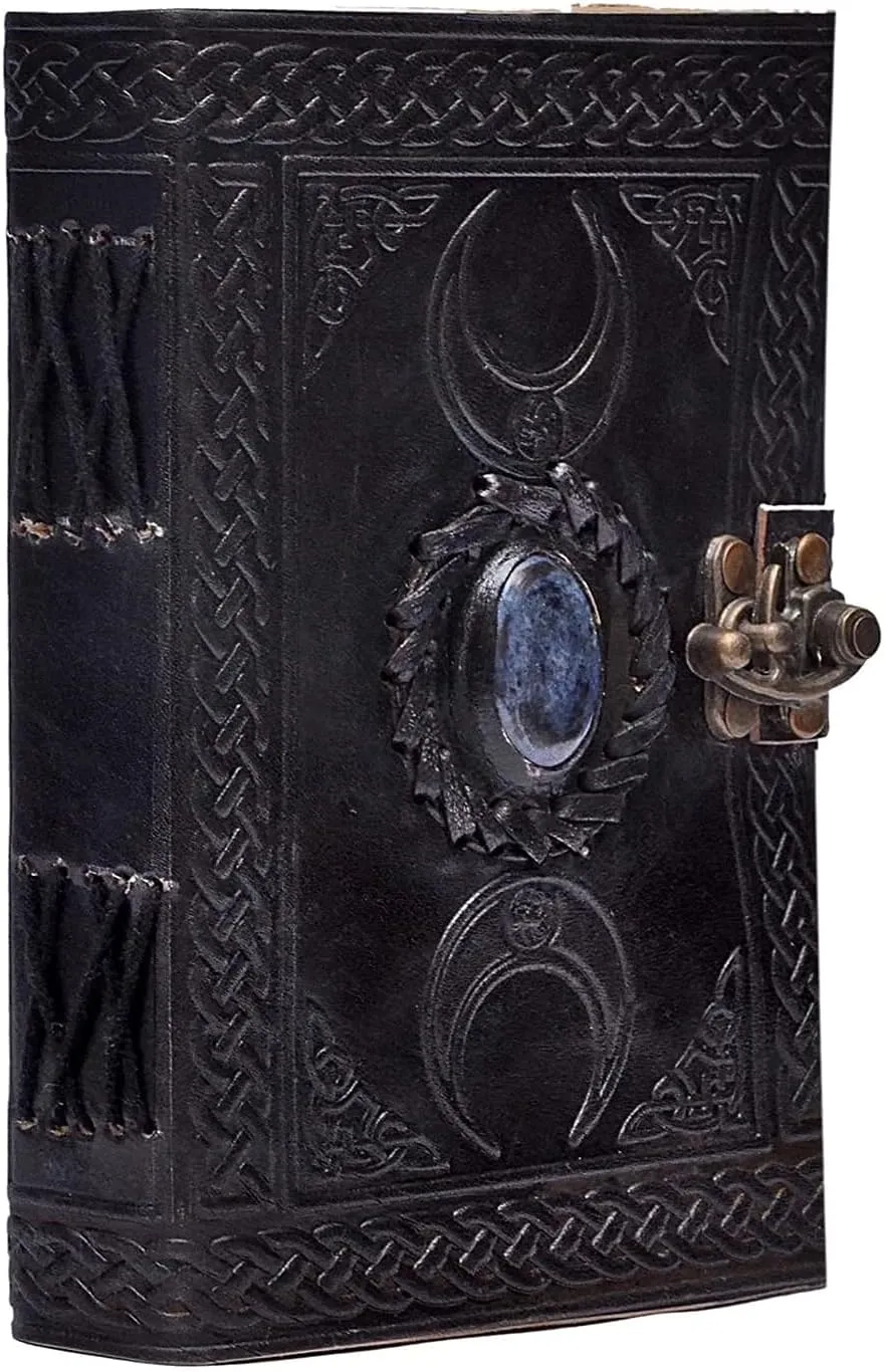 cuero 3 Moon Blue Lapiz Embossed Vintage Leather Journal | 240 Pages of Antique Handmade Deckle Edge Vintage Paper, Leather Sketchbook, Drawing Journal, Great Gift (7 inch by 10 inch, black)