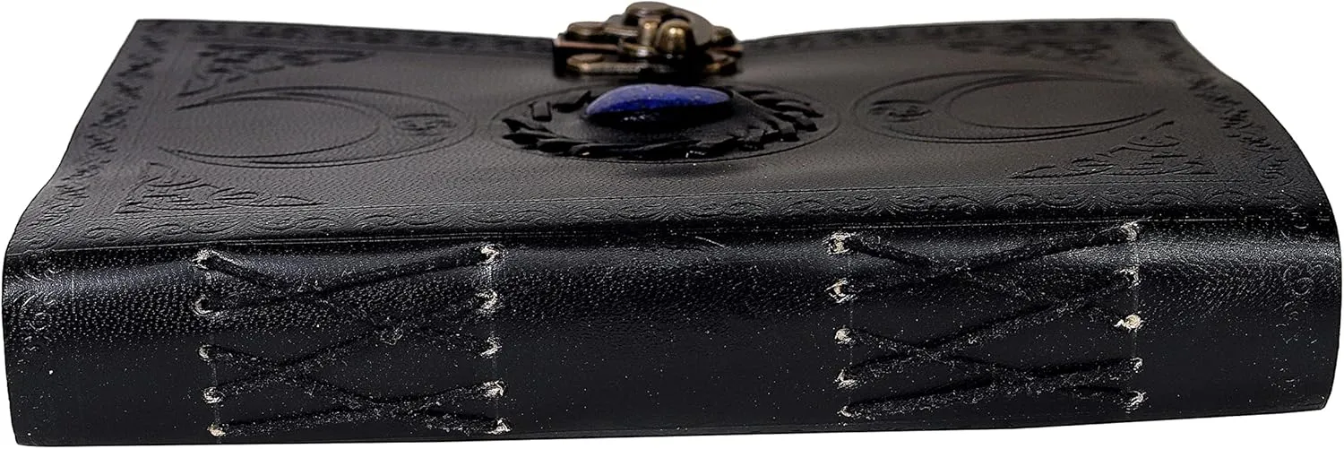 cuero 3 Moon Blue Lapiz Embossed Vintage Leather Journal | 240 Pages of Antique Handmade Deckle Edge Vintage Paper, Leather Sketchbook, Drawing Journal, Great Gift (7 inch by 10 inch, black)
