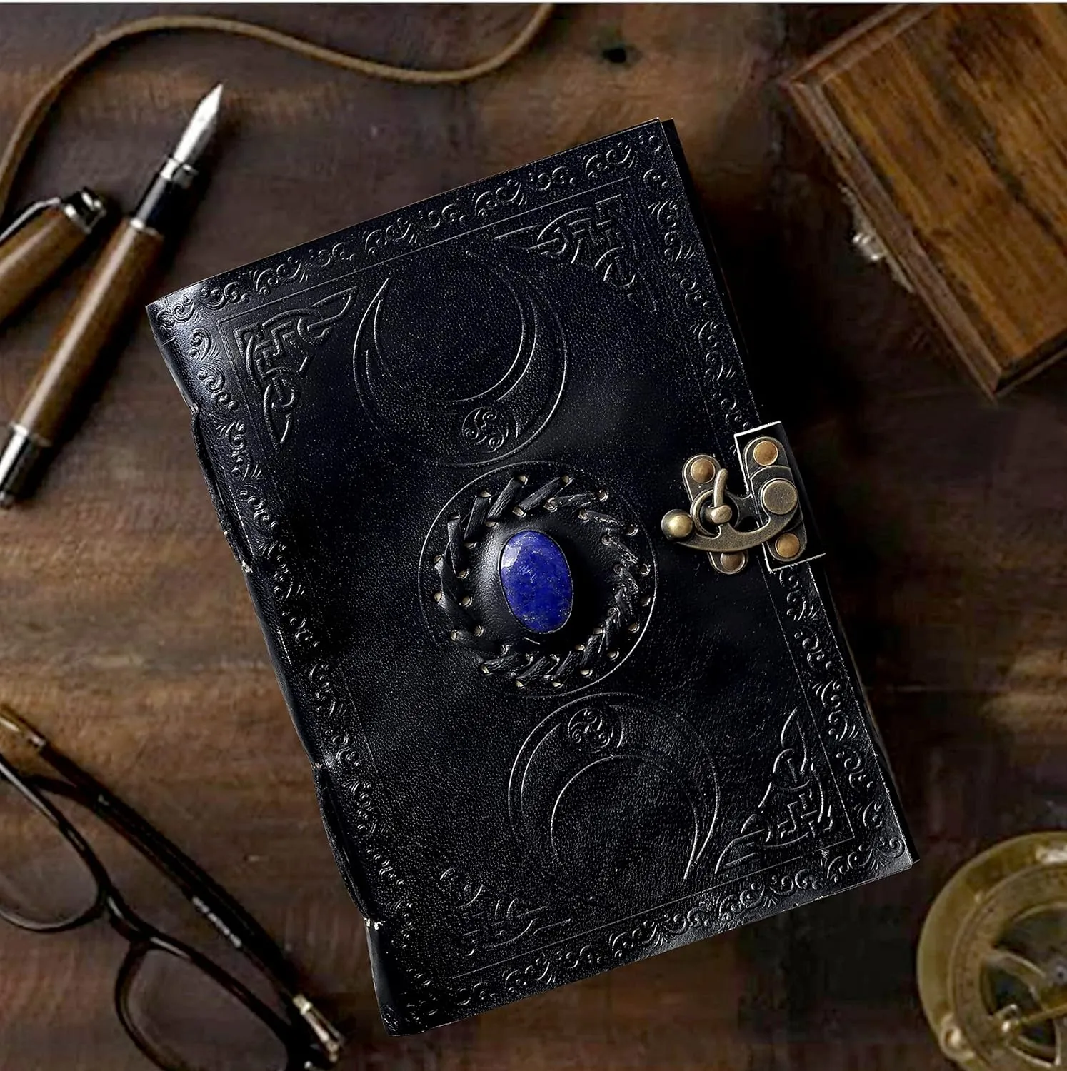 cuero 3 Moon Blue Lapiz Embossed Vintage Leather Journal | 240 Pages of Antique Handmade Deckle Edge Vintage Paper, Leather Sketchbook, Drawing Journal, Great Gift (7 inch by 10 inch, black)
